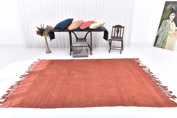 6x9 Brunt Orange & Terracotta Hemp Rug, 6x9 Hemp Rug, 6x9 Rug, Fringed Handmade Hemp Rug, 6x9 Area Rug, 6x9 Vintage Rug, Mid Century Modern