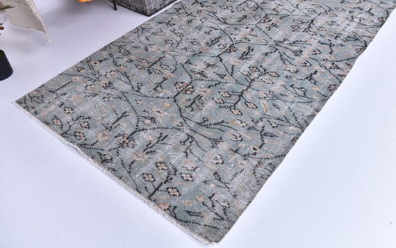 4x7 Vintage Teal Accent Rug, 4x7 Faded Floral Rug, 4x7 Rug, Traditional Home Decor, Handmade Wool Rug, 4x7 Teal Black Color, 4x7 Area Rug