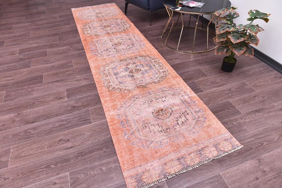 2x11 Vintage Faded Runner Rug, Terracotta Blue Color, Handmade Wool, Tribal Design, Hallway Kithcen Rug