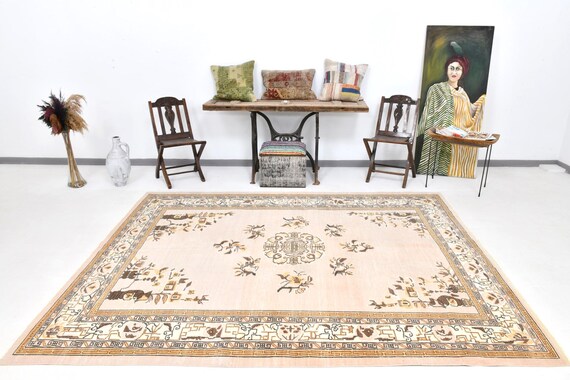 7x9 TURKİSH VİNTAGE ABSTRACT Rug, Vintage Rug Medium, 7x9, Oushak Handmade Rug, 7x9 Turkish Rug, Beige & Brown Rug, Turkish Rug 7x9, 60s Rug