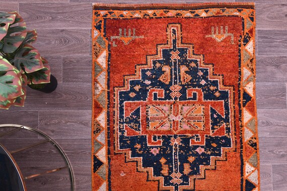 3x11 Vintage Herki Runner Rug, Rich Red Navy Blue Color, Handmade Wool, 3x11 Hallway Kithcen Rug, Soft Wool Rug, Traditional Runner Rug