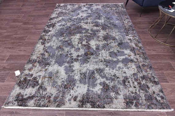 6x9 Vintage Faded Turkish Rug, Handmade Wool Rug, 6x9 Distressed Black Gray Color, Ethnic Patterned Rug, Farmhouse Rug, 6x9 Living Room Rug