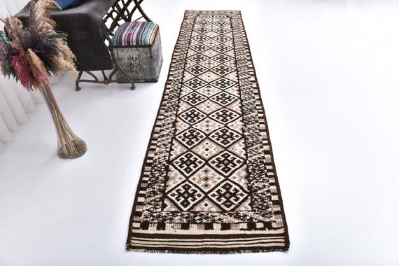 3x12 Brown Cream Turkish Runner Rug, 3x12 Turkish Runner, 3x12 Rug, Wool Hand Woven Rug, 3x12 Runner Rug, 3x12 Herki Runner, Hallway Runner