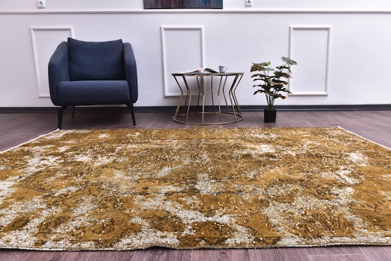 5x8 Vintage Turkish Faded Rug, 5x8 Handmade Wool Rugs, Brown Golden Mustard Color, 5x8 Floral Design,  5x8 Area Rugs, Living Room Rugs