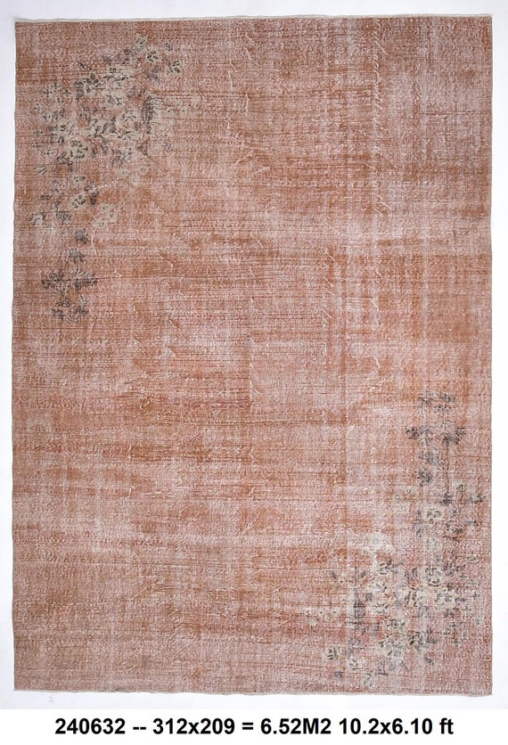 7x10 Oushak Rugs For Living Room, 7x10 Distressed Turkish Rugs, 7x10 Floral Area Rug Home, Floral Hand Made Turkish Rugs, Muted Orange Rug