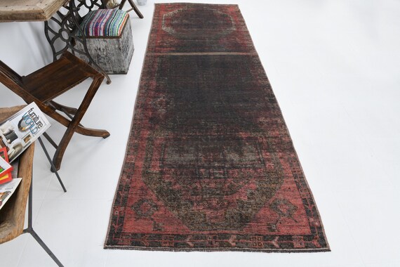 3x10 Vintage Runner, 3x10 Peac Red Black Vintage Runner Rug 3x10 Antique Handmade Rug 3x10 Runner Rug Distressed Style 3x10 Turkish Runner