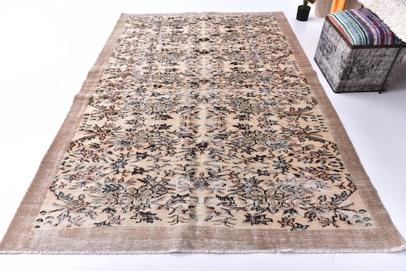 5x8 Vintage Floral Turkish Rugs, Handmade Wool Rug, 5x8 Living Room Bedroom Rug, Brown Beige Gren Color, 5x8 Area Rugs, Neutral Decor Rugs