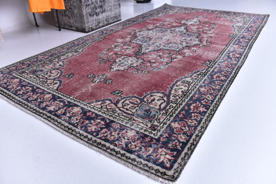 4x7 Vintage Faded Accent Rug, 4x7 Burgundy Blue Color Rug, 4x7 ...