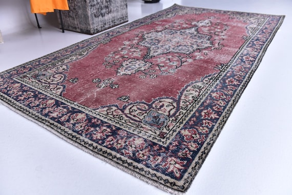4x7 Vintage Faded Accent Rug, 4x7 Burgundy Blue Color Rug, 4x7 Distressed Floral Rug, Traditional Home Decor, Handmade Wool Rug, 4x7 Rug