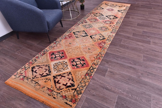 3x12 Vintage Peach Runner Rug, Handmade Wool Runner, 3x12, Hallway Rug, 3x12 Farmhouse Rug, Kithcen Rug, Peach Orange Color, Rugs