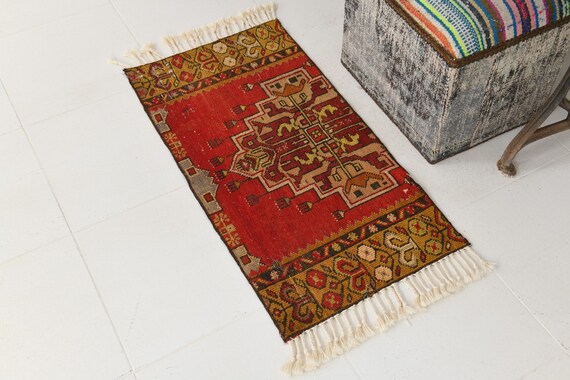 2x3 Area Rug, Doormat Rug 2x3, 2x3 PERSIAN VINTAGE DOORMAT Rug, 2x3, Red Doormat Rug, Wool Handmade Oushak, Persian Doormat 2x3, Anatolian