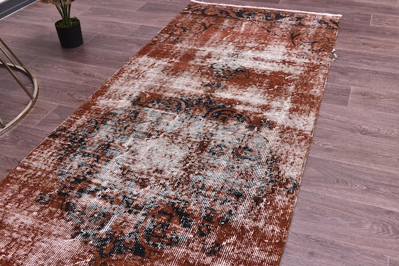 3x9 Vintage Burgundy Runner Rug, 3x9 Faded Hallway Rug, Handmade Wool Rug, Farmhouse Rug, Distressed Burnt Rug, 3x9 Medallion Runner Rug