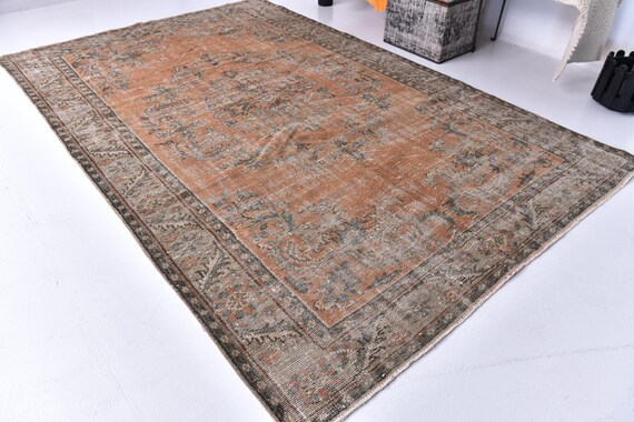 6x10 Vintage Distressed Area Rug, Terracotta Green Color, 6x10 Handmade Wool Rug, 6x10 Farmhouse Rug, 6x10 Living Room Rug, 6x10 Area Rugs