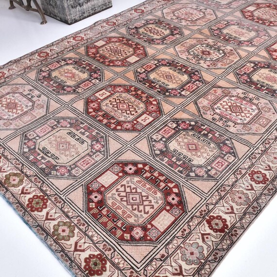 6x9 Vintage Geometric Patterned Rug, 6x9 Traditional Area Rug, Handmade Home Decor, 6x9 Farmhouse Decor, 6x9 Soft Wool Rug, 6x9 Area Rug