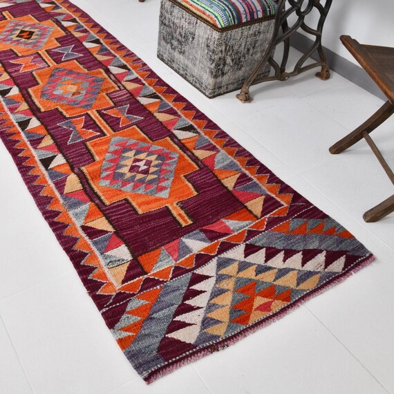 2x9 Runner Rug, 2x9 NARROW TURKİSH VİNTAGE Rug, 2x9, Turkish Runner, Handmade Wool Narrow Rug, Vintage Runner, Dark Red Narrow Kitchen Rugs