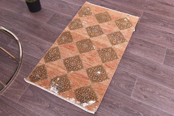 2x3 Vintage Doormat Rug, Terracotta Brown Color, 2x3 Rug, Small Handmade Wool Rug, 2x3 Turkish Rug, Rug For Bedroom Accent Bathmat,