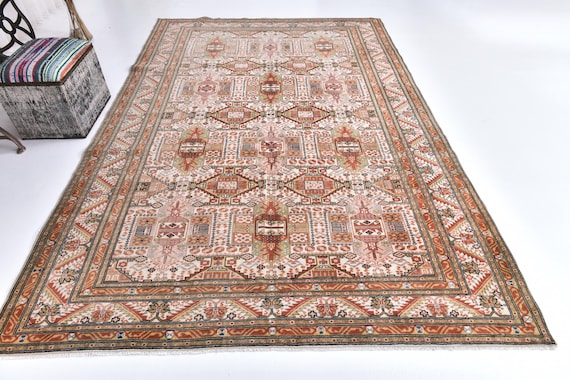 6x10 Antique Persian Style Rug, 6x10 Pale Red & Pink Vintage Rug, 6x10 Handmade Wool Rug, 6x10 Geometric Style Rug, 6x10 Pink Red Vintage