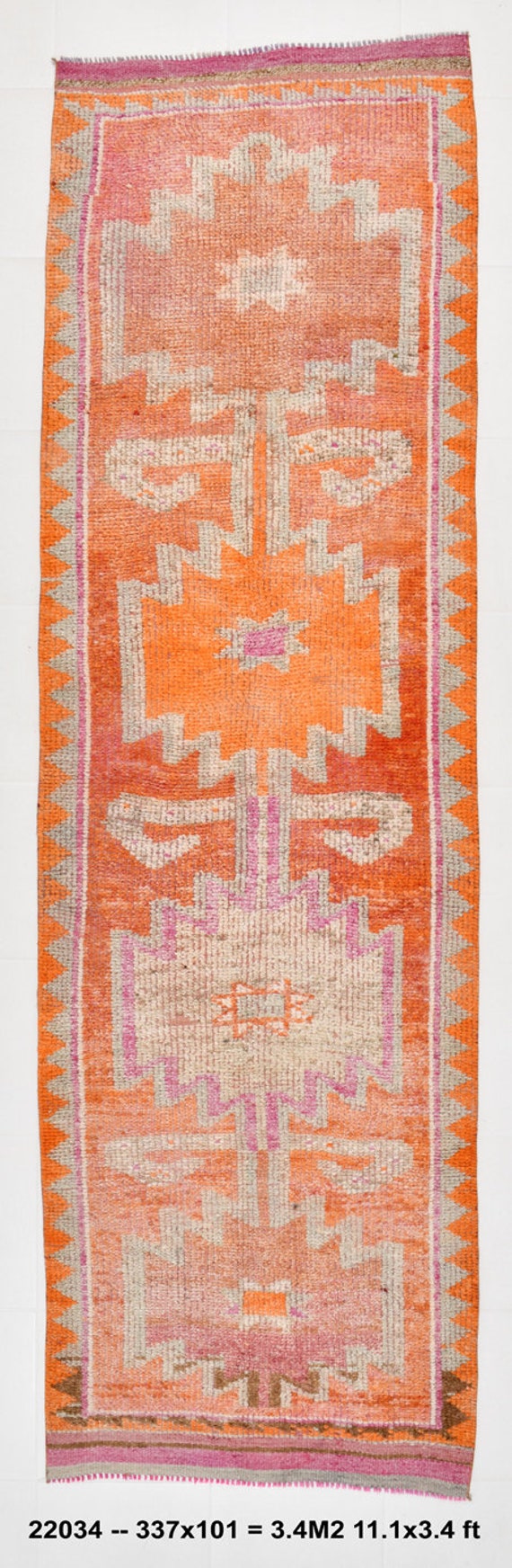 3x11 Rug, 3x11 FADED VINTAGE RUNNER, 3x11, Vintage Runner Rugs, Handmade Oushak Rug, 3x11 Vintage Runner, Orange & Beige Rug, Antique Runner