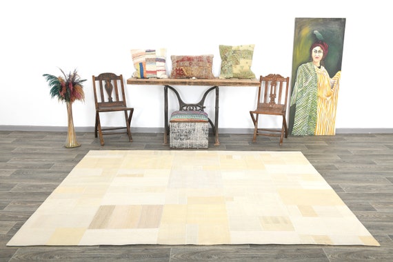 6x8 Chess Kilim Patchwork Rug, 6x8, Kilim Patchwork Rug, Wool Handmade Kilim, 6x8 Rugs, Cream & Beige Kilim, Farmhouse Decor, Antique 58s