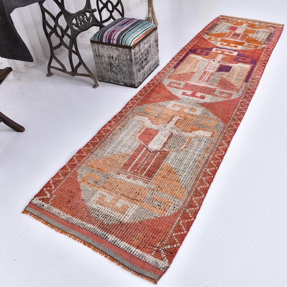 3x11 Runner Rug, Herki Runner 3x11, 3x11 TURKISH VINTAGE RUNNER Rug, 3x11, Wool Handmade Herki Oushak, Herki Runner 3x11, Copper Beige Rug,