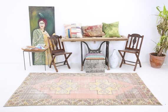 4x8 Rug 4x8 TURKİSH VİNTAGE OUSHAK Rug 4x8 Oushak Rug Medium Hand-Made Wool Oushak Rug 4x8 Area Rug Soft Pastel Boho Vintage Rug Gift Rug