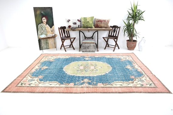 7x10 Rug, 7x10 Turkish Rug, 7x10 Oversized Blue Turkish Rug, Oversized Turkish Rug, Large Area Rug, 7x10 Vintage Rug, Rug For Living Room