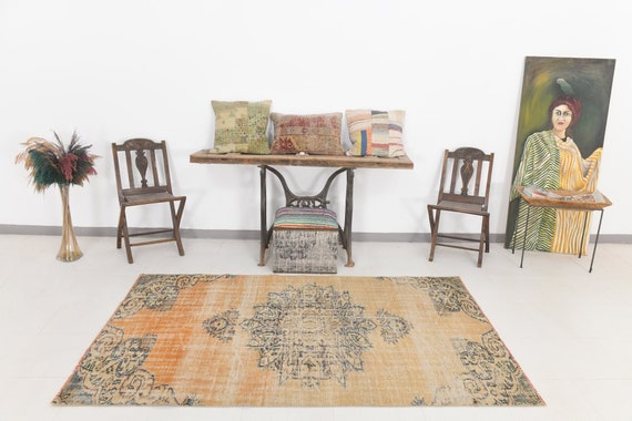 4x7 Area Rug, 4x7 Vintage Rug, 4x7 TURKISH VINTAGE AREA Rug, 4x7, Wool Handmade Turkey, Shades Of Orange Vintage Rug, 4x7 Rug, Anatolian 57s