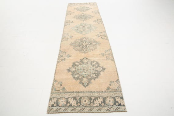 salmon pink 3x11 vintage wool runner rug. muted pink rare vintage runner rug, 3x11 Neutral vintage rug runner. 3x11 medallion runner rug