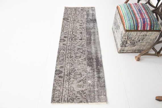 2x5 Gray Black Vintage Runner, 2x5 SOFT VINTAGE RUNNER Rug, 2x5, Turkey Handmade Oushak, 2x5 Runner Rug, Distressed Style, Rug For Entrway