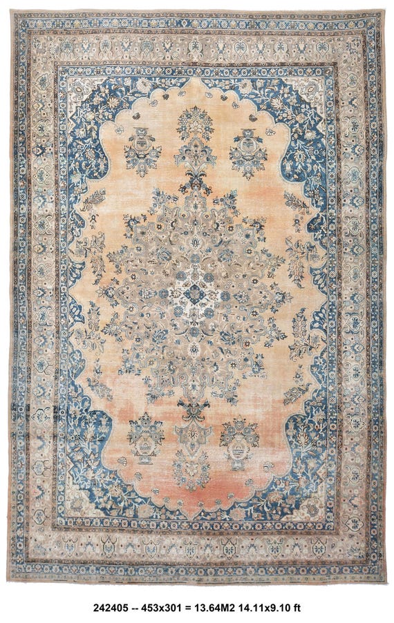 10x15 Peach Red & Blue Persian Rug, Oversized Persian Rug Extra Large Area Rug 10x15 Rug Handmade Wool Rug 10x15 Vintage Rug Living Room Rug
