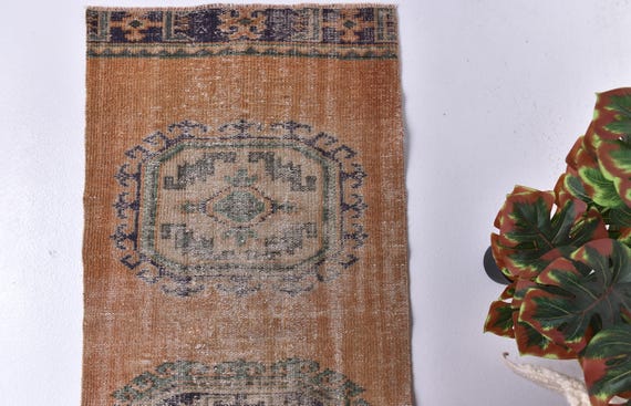 2x11 Vintage Faded Turkish Runner Rug, Muted Terracotta Blue Color, 2x11 Handmade Wool Rug, 2x11 Hallway Kitchen Runner Rug, 2x11 Rugs