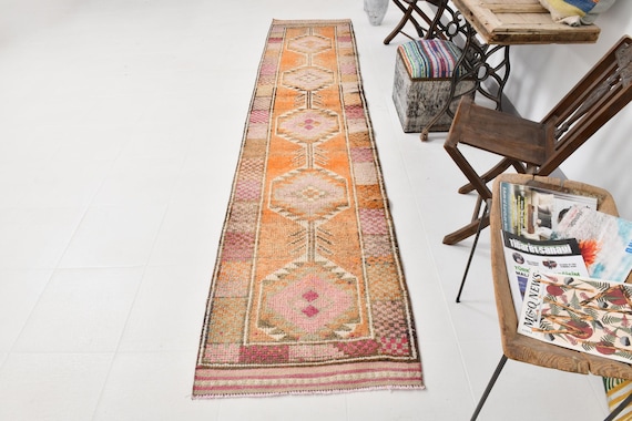 3x12 Runner Rug, 3x12 Persian Herki, 3x12 Vintage Herki Runner Rug, Long Narrow Handmade Wool Rug, 3x12 Rugs, Pink Orange Carpet, Hallway