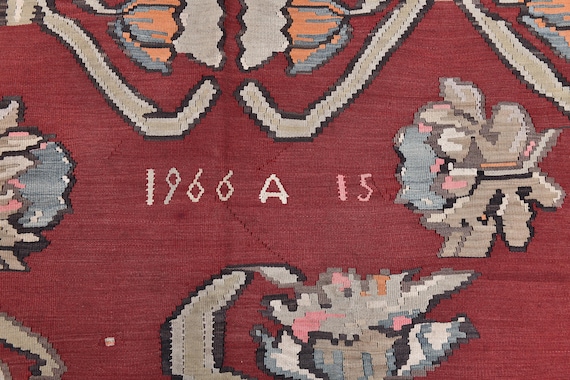 8x10 Vintage 1966 Turkish Kilim Rug, 8x10 Red Black Color, 8x10 Handmade Wool Jute Kilim Rug, Floral Pattern, Rare Rug, 8x10 Farmhouse Rug