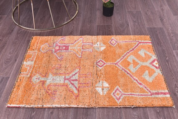 2x3 Vintage Doormat Rug, 2x3 Orange  Color, Geometric Design, 2x3 Bath Mat, 2x3  Door Mat, 2x3 Accent Rug, Vintage Rug, Small Rug