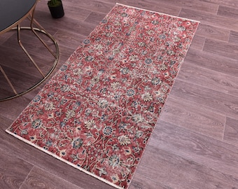 Antique Vintage Turkish Accent, 2x4 Red & Blue Accent Rug, 2x4 Doormat Rug, Handmade Soft Wool Rug Small Size Rug, 2x4 Boho-Decor Accent Rug