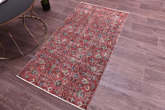 Antique Vintage Turkish Accent, 2x4 Red & Blue Accent Rug, 2x4 Doormat Rug, Handmade Soft Wool Rug Small Size Rug, 2x4 Boho-Decor Accent Rug