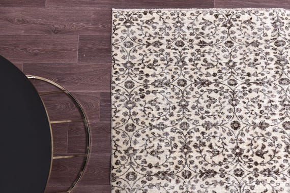 7x10 Vintage Floral Rug, 7x10 Cream Brown Rug, 7x10 Floral Area Rug, 7x10 Living Room Kithcen Rug, 7x10 Handmade Area Rug, Farmhouse Rug