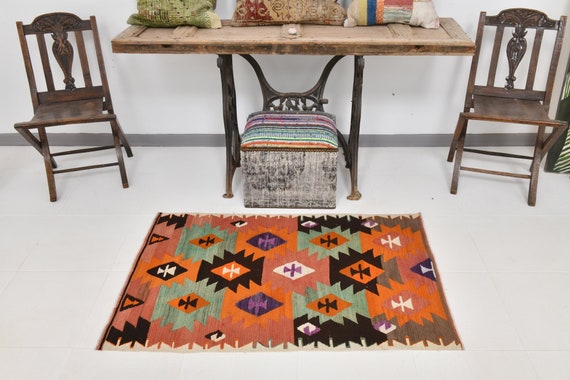 3x4 Area Rug, 3x4 Tribal Kilim, 3x4 Orange Green Vintage Kilim Rug, Wool Hand Woven Rug, 3x4 Rug, Eclectic Ethnic Styles, 3x4 Vintage Rug