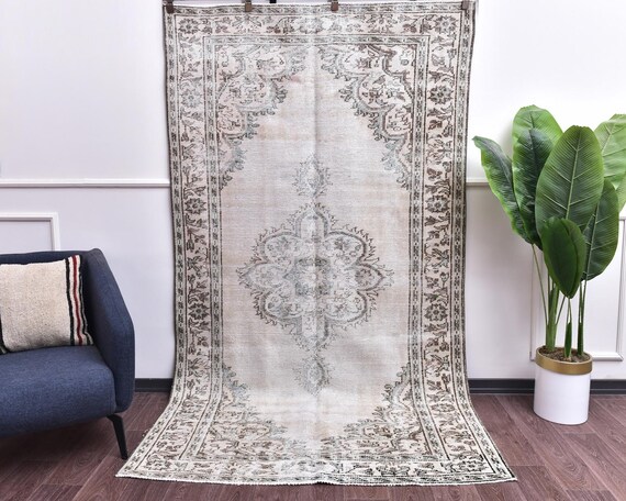 5x9 Vintage Distressed Medallion Handmade Green Taupe Rug, Living Room Rug