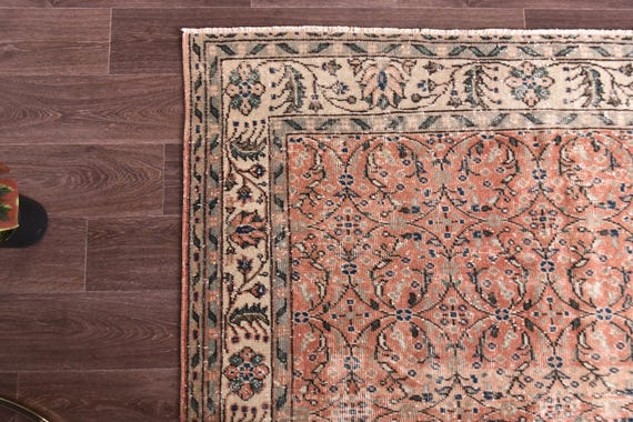 5x9 Vintage Turkish Area Rug, 5x9 Salmon, Green Color, Farmhouse Decor, Handwoven Wool Rug, 5x9 Area Rug, 5x9 Living Room Rug, Floral Rug