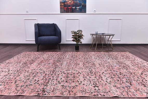 6x9 Vintage Faded Floral Rug, Salmon Black Color, 6x9 Area Rug, Farmhouse Decor, Botanical Design Rug, 6x9 Rug, Living Room Bedroom Rug