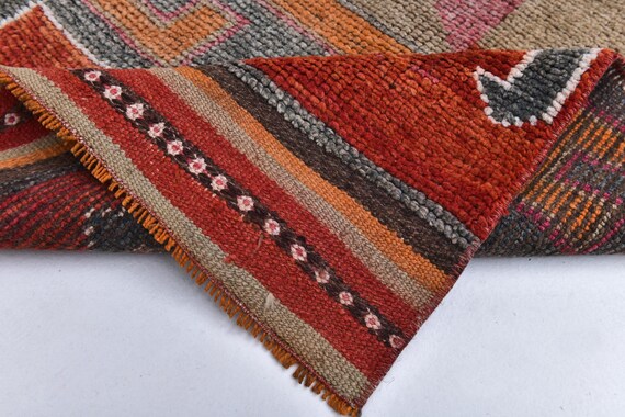 3x13 Vintage Herki Runner Rug, 3x13 Herki Runner, 3x13 Rug, Handmade Wool Oushak, 3x13 Runner Rug, Red Orange Carpet, 3x13 Turkish Runner