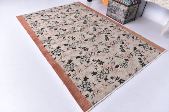 5x7 Vintage Faded Area Rug, Orange Green Color, 5x7 Handmade Wool Rug, Living Room Bedroom Rug, Farmhouse Decor, 5x7 Turkish Area Rug