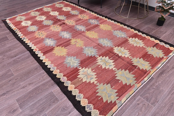 5x9 Vintage Turkish Kilim Rug, Red Black Color, Handamade Wool Jute Kilim Rug,  5x9 Traditional Kilim Rug, Star Pattern Rug,