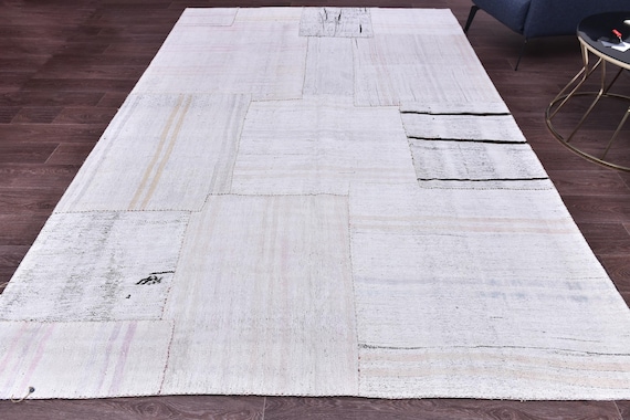 7x10 Handmade Patchwork Kilim Rug, Vintage Area Rug, Cream White Color, 7x10 Large Area Rug, Wool Handmade Kilim, 7x10 Farmhouse Rug