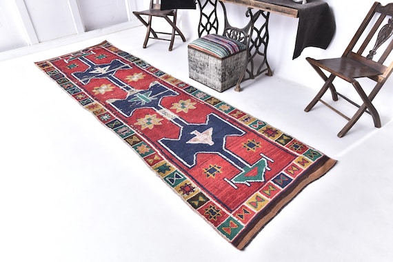 Blue Vintage Herki Runner Rug 3x10: Handmade Wool Hallway Rug