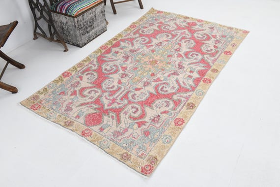TURKISH VINTAGE RUG - 4x7 Red Beige Vintage Rug - 4x7 Vintage Rug - Aesthetic Handmade Vintage - 4x7 Rug - Timeless Wool Rugs, Turkish Rug