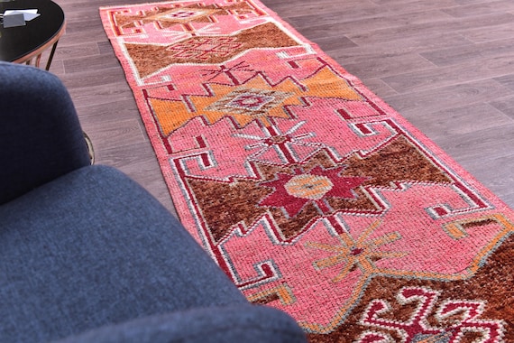 3x11 Vintage Salmon Runner Rug, Salmon Red Brown Color, Handmade Wool, 3x11 Hallway Kithcen Rug, Soft Wool Rug, Traditional Runner Rug