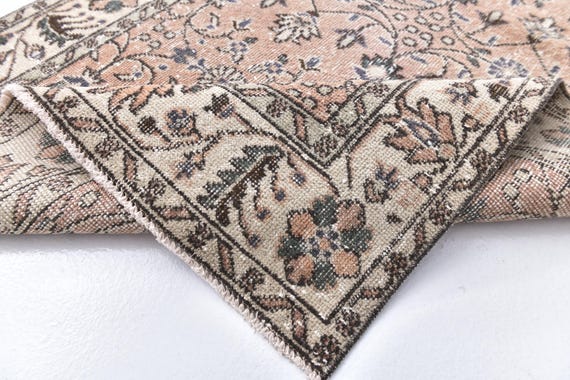 4x7 Vintage Salmon Accent Rug, 4x7 Salmon Blue Rug, Floral Design, 4x7 Distressed Floral Rug, Traditional Home Decor, 4x7 Handmade Wool Rug