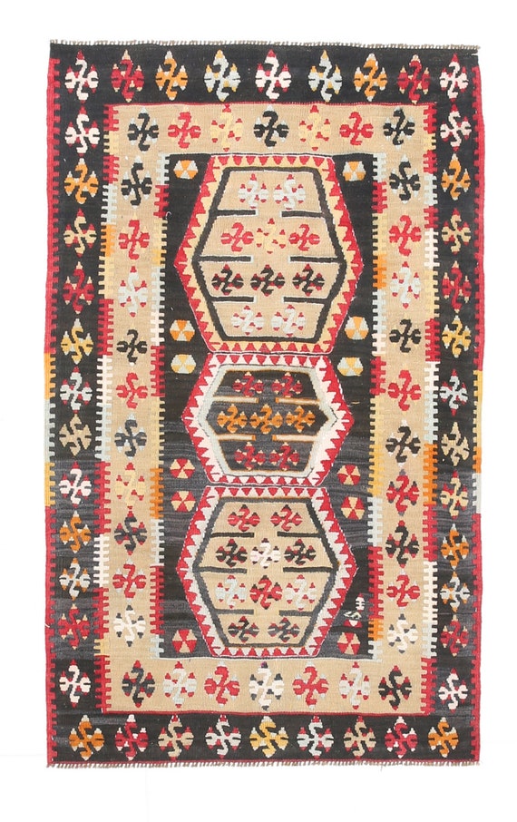 3x5 Rugs, 3x5 VINTAGE TURKISH KILIM Rug, 3x5, Oushak Handmade Rug, Brown & Tan Beige Kilim, 3x5 Area Rug, Small Size Kilim, Vintage Rug 3x5